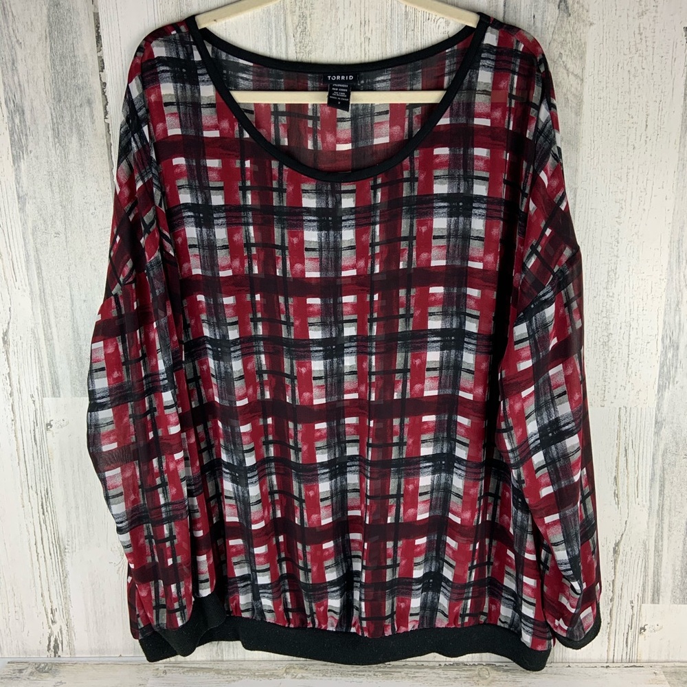 TORRID Sheer Crew Neck Plaid Top Size 2